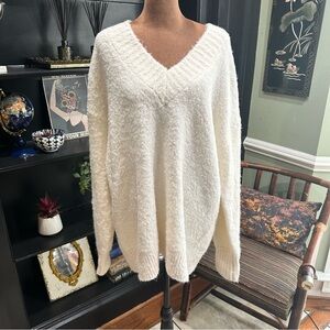 Aerie Teddy V-Neck Bouclé Sweater – Size Large – Cozy Texture & Relaxed Fit